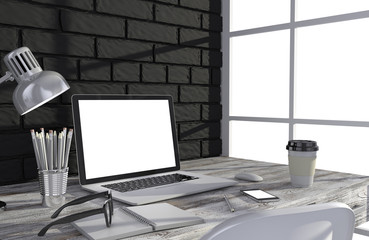 3D illustration laptop and work stuff on table near brick wall, Workspace