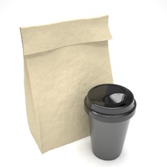 Coffee to go and lunch bag, on white.