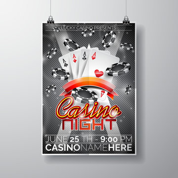 Vector Party Flyer design on a Casino theme with chips and cards on dark background.