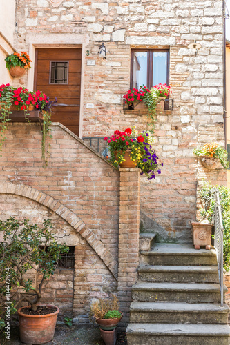 Ingresso romantico di abitazione storica con vasi di fiori