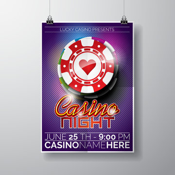 Vector Party Flyer design on a Casino theme with chips and typographyc text on violet background.