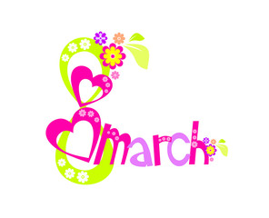 8 march with flowers and heart Women Day card on white background - vector illustration