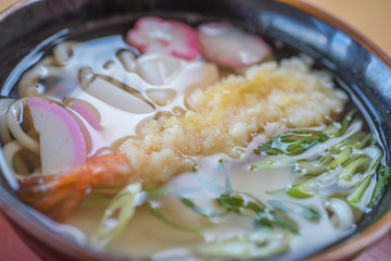 closed up tempura shrimp udon, japanese food