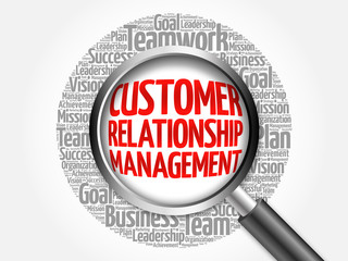 Customer Relationship Management word cloud with magnifying glass, business concept