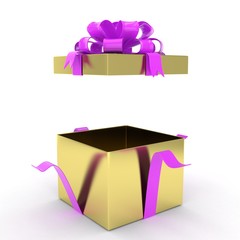 open gift box with bows isolated on white