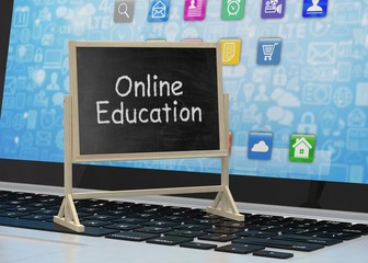  Laptop with chalkboard, online education concept