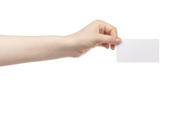 Obraz premium young female hand hold blank white paper card, isolated on white