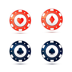 Casino chips with card suits symbols on white