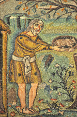 Ancient byzantine mosaic of Abraham and God