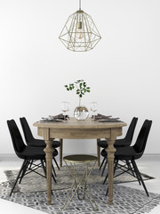 Wooden dining table and modern black chairs