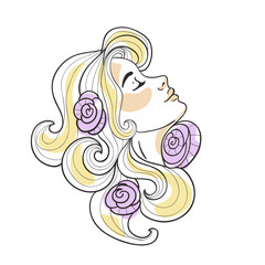 Blonde girl with roses in her hair. Vector illustration on the white background.