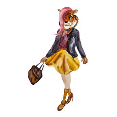 Hand drawn illustration of dressed up hipster tiger girl