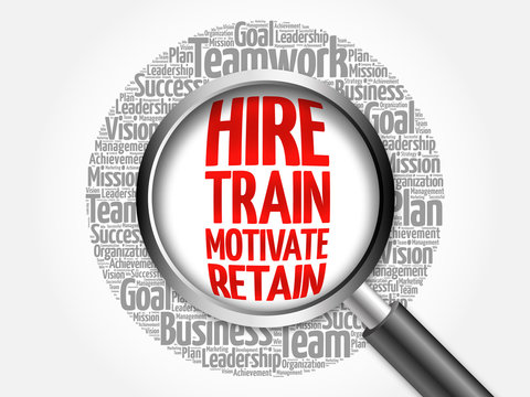 Hire, Train, Motivate and Retain word cloud with magnifying glass, business concept