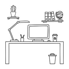 Desk with a computer or workplace in office drawn by hand doodle style. Vector illustration