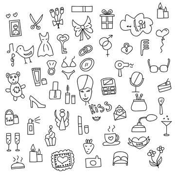 Icons of women hand drawn doodle in style. Vector illustration.