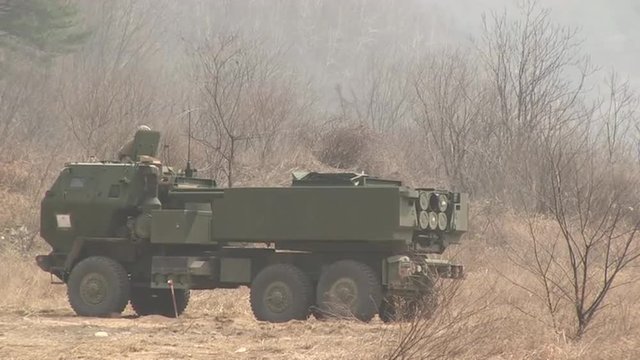 HIMARS mobile rocket launcher system is fired from the back of trucks.