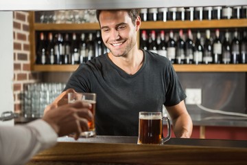 Handsome bar tender giving a pint to customer