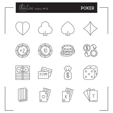 Poker, Game, Casino and more thin line icons set, flat design.