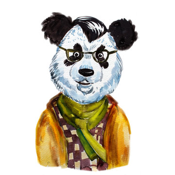 Watercolor portrait cute hipster  panda