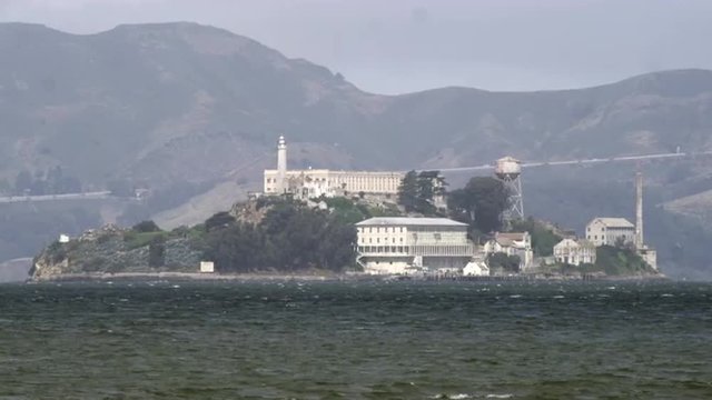 Static shot of Alcatraz Island from across the bay.
