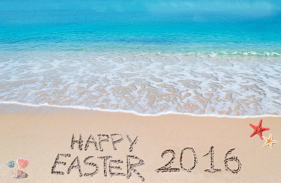 happy easter 2016 on a tropical beach under clouds