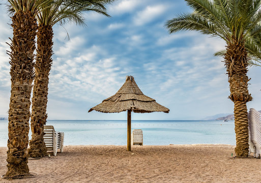 Sandy beach of Eilat - famous resort and recreation city in Israel
