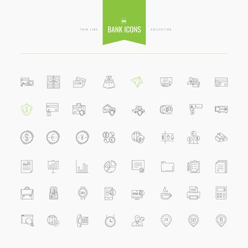 set of thin line flat bank, money and finance icons