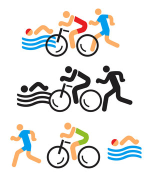 Triathlon icons.
Black and colorful Icons symbolizing triathlon, swimming, running and cycling. Vector available.
