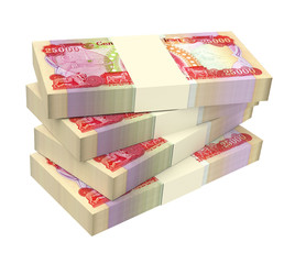 Iraqi dinars bills isolated on white background. Computer generated 3D photo rendering.
