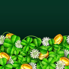 Clover leaves with white flowers and gold coins for St. Patrick's Day