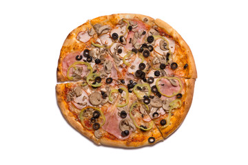 Top view of tasty Italian pizza with ham and olives