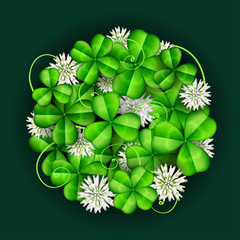 Leaf clover with white flowers, arranged in circle for St. Patrick's day