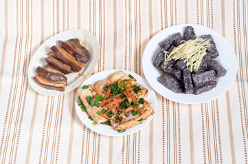 Fried tofu, black pudding, soy-stewed pork(chinese food)