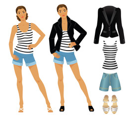 Obraz premium Vector illustration of afro woman in clothes for summer isolated on white background. Look with black jacket, white striped shirt and blue shorts of jeans fabric. Black sandals