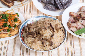 Fried tofu, black pudding, soy-stewed pork,Glutinous oil rice,salty pork(chinese food)