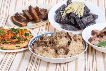 Fried tofu, black pudding, soy-stewed pork,Glutinous oil rice,salty pork(chinese food)