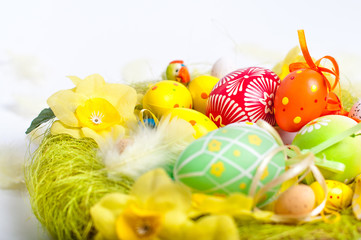 Fototapeta na wymiar Beautiful Easter eggs decoration. Joyful Easter decoration. Colourful elements. Shallow depth of field.