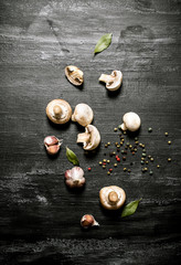 Mushrooms with spices . On black rustic background.