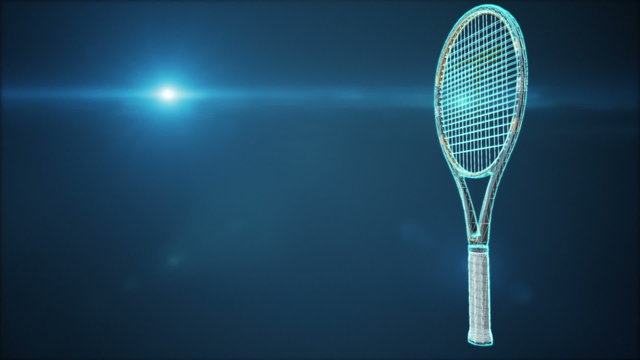 Abstract CGI motion graphics, animated background with wireframe xray turning tennis racket, loop