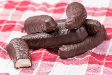 Pile of chocolate banana cookies on the table