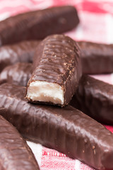 Pile of chocolate banana cookies on the table