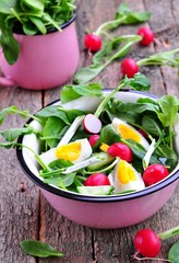 Salad with cucumber, radish, ramson, spinach, boiled eggs and olive oil.