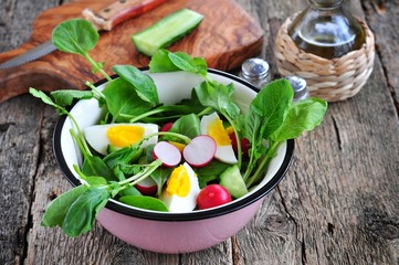 Salad with cucumber, radish, ramson, spinach, boiled eggs and olive oil.