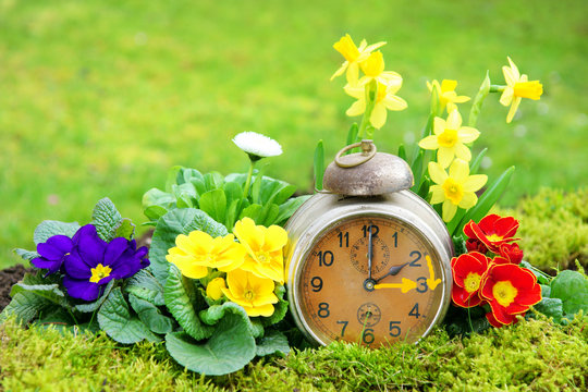 Zeitumstellung, Sommerzeit, Wecker, Fr&uuml;hling, Blumen, Ostern, Copyspace