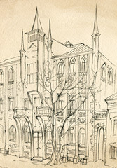 Street of the old town. Gothic house, architecture, sketch