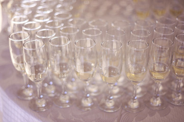 many glasses of champagne on the table