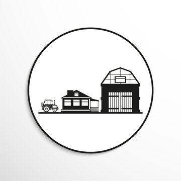 Private house, a barn and a tractor. Vector icon.