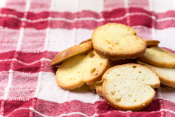 Crispy toast breads with cheese in macro view