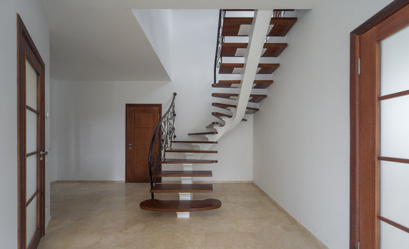 Design staircase in new modern house. Woden style.
