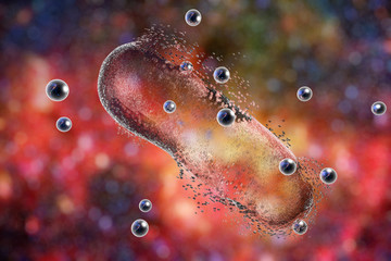 Destruction of a bacterium by silver nanoparticles. An illustration can be also used to demonstrate action of any antibiotic substance or drug - obrazy, fototapety, plakaty